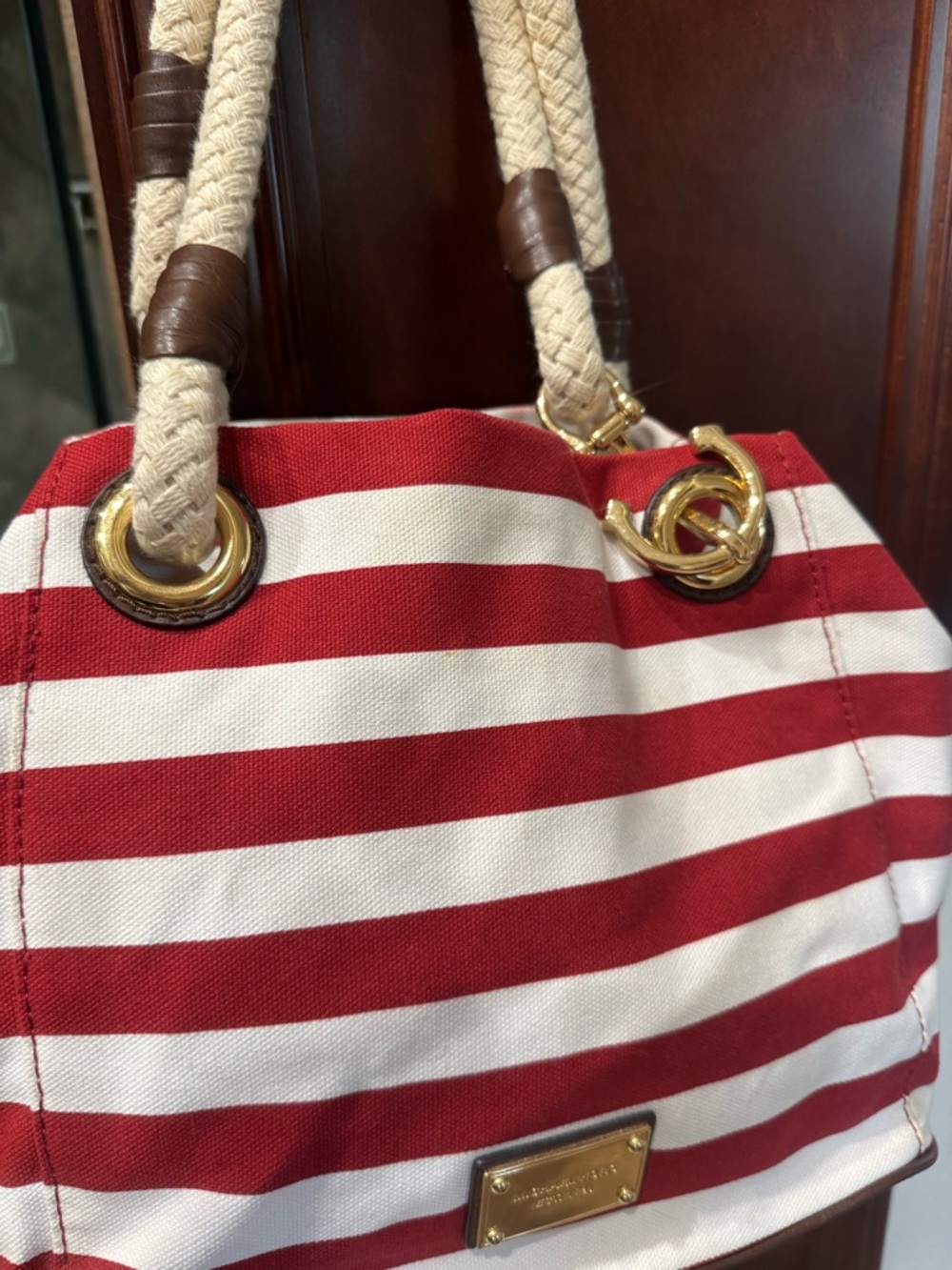 Michael Kors Red & White Striped Canvas Tote with Rope Handles